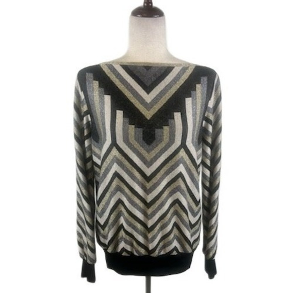 Trina Turk Sweater Women's Size Medium Geometric Chevron Metallic Long Sleeve